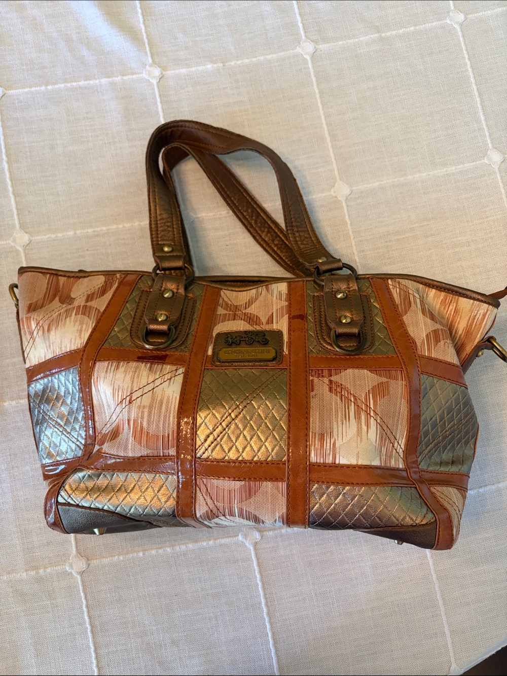 Coach Patchwork Quilted Shoulder Bag in Metallic Silver and Brown